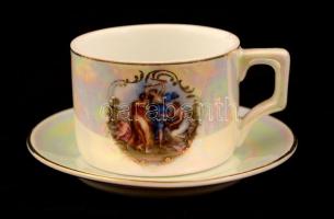 Zsolnay mokkás készlet mitológiai jelenettel, hiányos, matricás, jelzett, egyik csésze sérült, fedél...