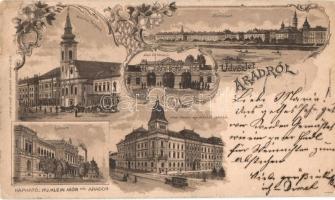 1898 Arad, Arad-csanádi egy. vasutak palotája, líceum, minorita templom, vár főkapu, Maros part, kiadja ifj. Klein Mór / railway palace, lyceum, church, castle gate, river bank, Art Nouveau, floral, litho (EB)