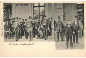 Érsekújvár, Nové Zamky; Vasútállomás, állomási cigány vonós zenészek, kiadja Klökner Péter / railway station, gypsy musicians