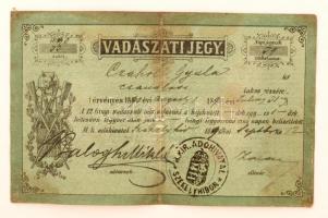 1890 Vadászati jegy, kissé megviselt állapotban / Hunter licence, slightly damaged