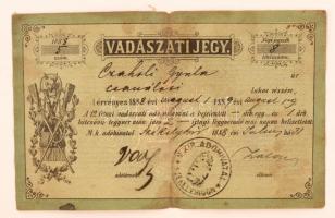 1888 Vadászati jegy, kissé megviselt állapotban / Hunter licence, slightly damaged