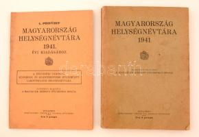 Magyarország helységnévtára 1941 +Magyarország helységnévtára 1941, 1. pótfüzet. Budapest, é.n. [1942], Hornyánszky Viktor Rt. Kiadói papírkötés, foltos borítóval, de ezt leszámítva jó állapotban.