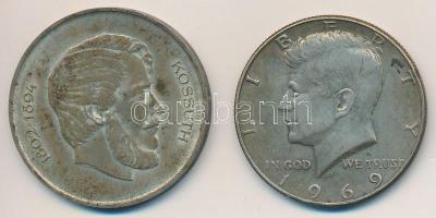 1947. 5Ft "Kossuth" Ag + Amerikai Egyesült Államok 1969D 1/2$ Ag "Kennedy" T:2 patina Hungary 1947. 5 Forints "Kossuth" Ag + USA 1969D 1/2 Dollar Ag "Kennedy" C:XF patina