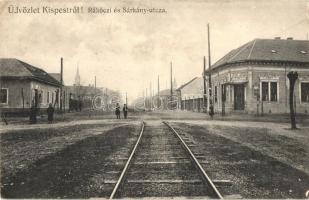 Budapest XIX. Kispest, Rákóczi és Sárkány utca, villamossín, kiadja Fischhof Henrik (EK)