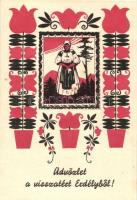 Üdvözlet a visszatért Erdélyből! Népviseletes hiányos leporellolap, irredenta / Transylvanian folklore, missing irredenta leporellocard