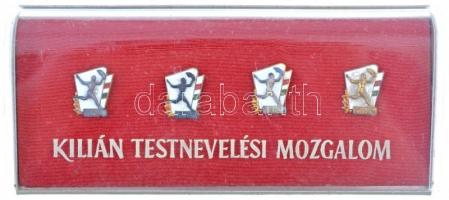 ~1960. "Kilián Testnevelési Mozgalom" feliratú műanyag-alumínium tokban 4db klf zománcozott jelvény T:2