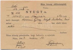 1943 Mözs község elöljárósága, adófizetési nyugta, hajtva, 10.5×15 cm