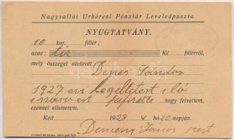 1928 Nagysallói Úrbéresi Pénztár Leveledpuszta, nyugtatvány, hajtva