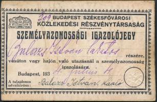 1934 Bp., Budapest Székesfővárosi Közlekedési Részvénytársaság fényképes személyazonossági igazolójegy