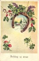 Boldog új évet / New Year greeting postcard, clovers, horseshoe
