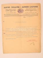 1910 Zlatnói üveggyár, Zlatnoer Glassfabrik. Bizonyítvány / ajánlólevél fejléces papíron, hajtva