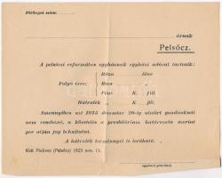 1925 Pelsőci Református Egyház, kitöltetlen fizetési felszólítás, hajtva / ununsed payment order, Plesivec