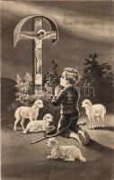 Kegyelemteljes húsvéti ünnepeket / Easter greeting postcard, lamb, boy (fa)