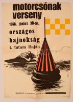 1968 Motorcsónak verseny, országos bajnokság I. futam Baján. F.k. Rózsavölgy Ferenc. Bánó Endre grafikus által tervezett offszet plakát, hajtva, sérült, 63×47 cm