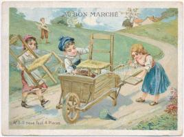cca 1910 Au Bon Marché, francia litho reklám kártya kétoldalas grafikával, 11×15 cm