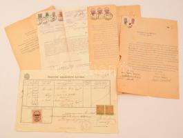 1925-1944 Vegyes okmány tétel(születési anyakönyvi kivonat, hivatalos levelek, kérvény, stb.) okmánybélyegekkel, 5 db