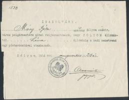 1914, 1945 Komárom, Zólyom, A Magyar Államrendőrség és Zólyom város polgármestere által kiállított u...