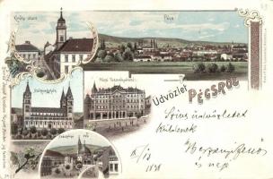 1898 Pécs, Takarékpénztár, Széchényi tér, székesegyház, Király utca, kiadja Blancz József, Art Nouveau, litho (EK)