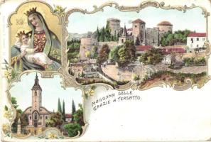 1898 Fiume, Trsat, Tersatto; Kegytemplom, vár, kiadja Fischer G. / church, castle, Art Noiveau, floral, litho (EB)