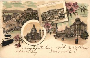 Budapest, Ferenc József tér, Bazilika, Nemzeti Múzeum, Erzsébet körút, floral, litho