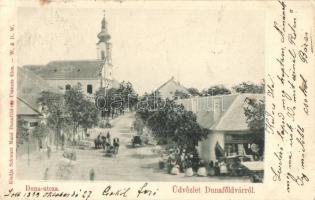 1899 Dunaföldvár, Duna utca, templom, üzlet, kiadja Schwarz Manó (EK)