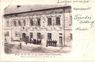 Eperjes, Presov; A cs. és kir. 67. sz. gyalogezred középső laktanyája, Divald / infantry barracks
