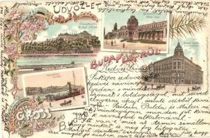 Budapest, Királyi vár, Margit fürdő, Lánchíd, Nemzeti színház, floral, Art Nouveau litho (ázott / wet damage)