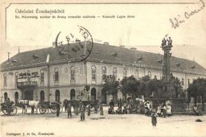 Érsekújvár, Nové Zámky; Szentháromság szobor, Arany Oroszlán Szálloda, Kossuth Lajos tér, kiadja Conlegner J. és fia / statue, hotel, square