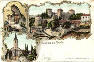 Fiume, Trsat, Tersatto; Kegytemplom, vár, kiadja Fischer G. / church, castle, Art Noiveau, floral, litho