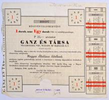 Budapest 1946. "Ganz és Társa Villamossági, Gép, Waggon- és Hajógyár Rt." részvényelismervénye 1db 25P névértékű részvényről, szárazpecséttel, alacsony sorszám "107"! T:III