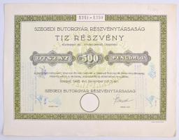 Szeged 1926. "Szegedi Bútorgyár Részvénytársaság" tíz részvénye 500P-ről, felülbélyegzésekkel és szelvényekkel T:I-