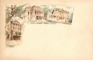 Budapest, Nemzeti Színház, Opera, Népszínház, 2 Kr. Ga. floral litho