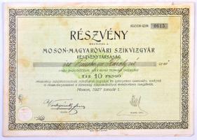 Moson, Mosonmagyaróvár 1927. "Moson-Magyaróvári Szikvizgyár Részvénytársaság" részvénye 10P-ről, szelvényekkel T:I-,II fo.