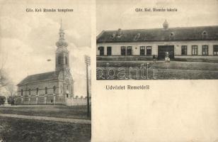 Temesremete, Remetea Mare; Görögkeleti román templom és iskola, kiadja Kalmár J. fényképész / Greek Orthodox church and school (EK)