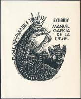 Oriol Maria Divi (1924-2013): Ex libris Manuel Garcia de la Luz. Fametszet, papír, jelzett a dúcon, 10×9 cm