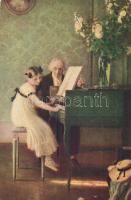 Erste Klavierstunde girl with piano, art postcard, J. P. P. No 1111. s: J. A. Muénier