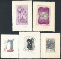 Lorentz May(?-?): Ex librisek, 5 db. Színes rézkarc, papír, jelzett, 7x4,5 cm