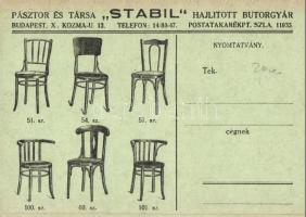 Budapest X. Kozma u. 13. Pásztor és Társa 'Stabil' hajlított bútorgyár, kihajtható reklámlap / Hungarian furniture factory advertisement, folding card (perforációnál szakadt / damaged perforacion)