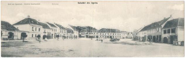Szentágota, Agnetheln, Agnita; Piac tér, gyógyszertár, Johann Hager üzlete / market square, pharmacy, shops, panoramacard (r)