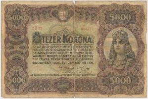 1920. 5000K "Orell Füssli Zürich" piros sorozat- és sorszám T:III- ly. Hungary 1920. 5000 Korona "Orell Füssli Zürich" with red serial number C:VG hole  Adamo K38