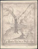 (Radványi)-Román Károly (1900-1957): Ex libris Béres Károly, Egyedül a viharban, 1931, Nagyvárad. Rézkarc, papír, jelzett, 13×10 cm
