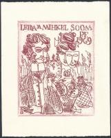 Okas, Evald (1915-2011): Leida ja Mihkel Soom 1969, újévi kisgrafika, rézkarc, papír, jelzett a dúcon, 9,5×7,5 cm