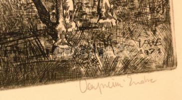 Veszprémi Endre (1925-): Határőr járőrlovasokkal. Rézkarc, papír, jelzett, üvegezett keretben, 29×20...