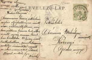 1906 Marosújvár, Ocna Mures; vasútállomás, vonat vasutasokkal, csoportkép / railway station, train w...