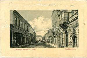 Nagybánya, Baia Mare; Felsőbányai utca, Weisz József üzlete, Kellner vaskereskedése, kiadja Krizsanovszky Lőrinc, W. L. Bp. 6040. / street, shop, ironmongery (kis felületi sérülés / minor surface damage)