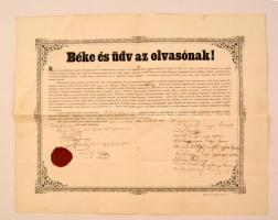 1866 Székesfehérvár, Református lelkésszé való felvételről szóló oklevél, megyei esperesi aláírásokkal, viaszpecséttel