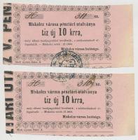 Miskolc 1860. 10kr Miskolcz városa pénztári utalványa (2x) sorszámkövetők, rózsaszín papíror bélyegzéssel T:II-,III