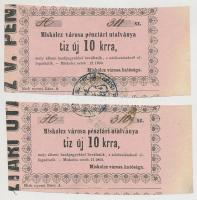 Miskolc 1860. 10kr "Miskolcz városa pénztári utalványa" (2x) sorszámkövetők, rózsaszín papíror bélyegzéssel T:II-,III