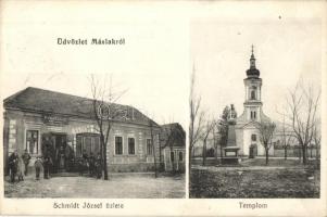 Máslak, Masloc; Schmidt József üzlete, templom / shop, church (Rb)