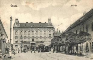 Budapest III. Óbuda, Fő tér, villamos, Takarékpénztár, Réb Károly üzlete  (EK)